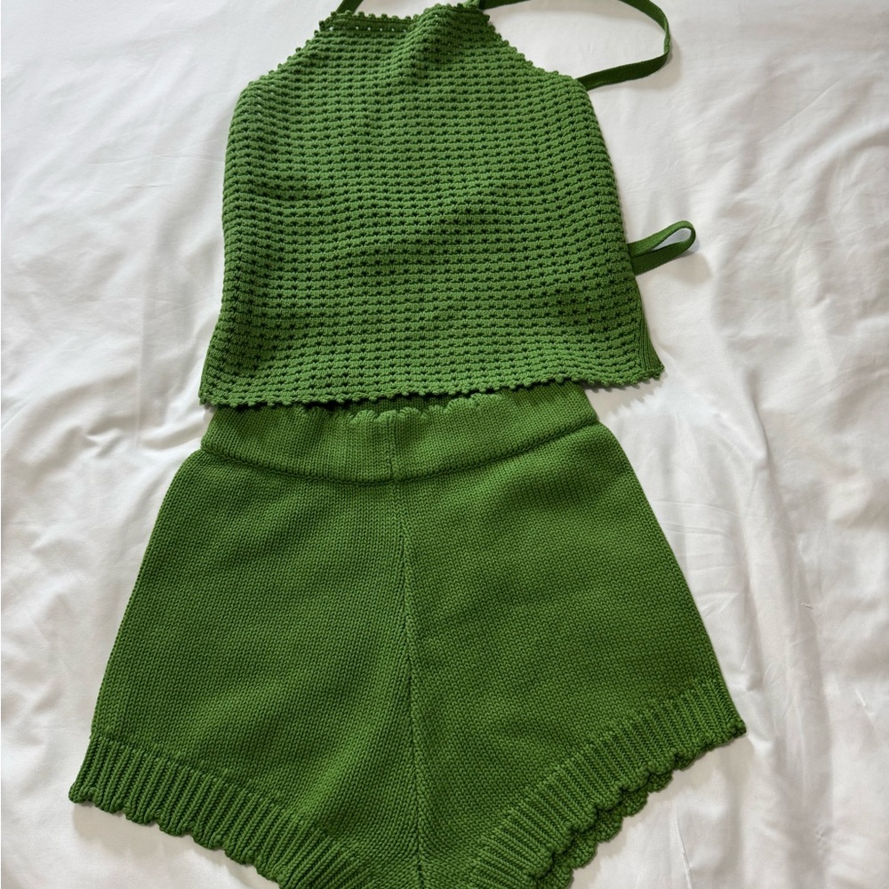 La Biz High Waist Green Knit Shorts with Scalloped Hem